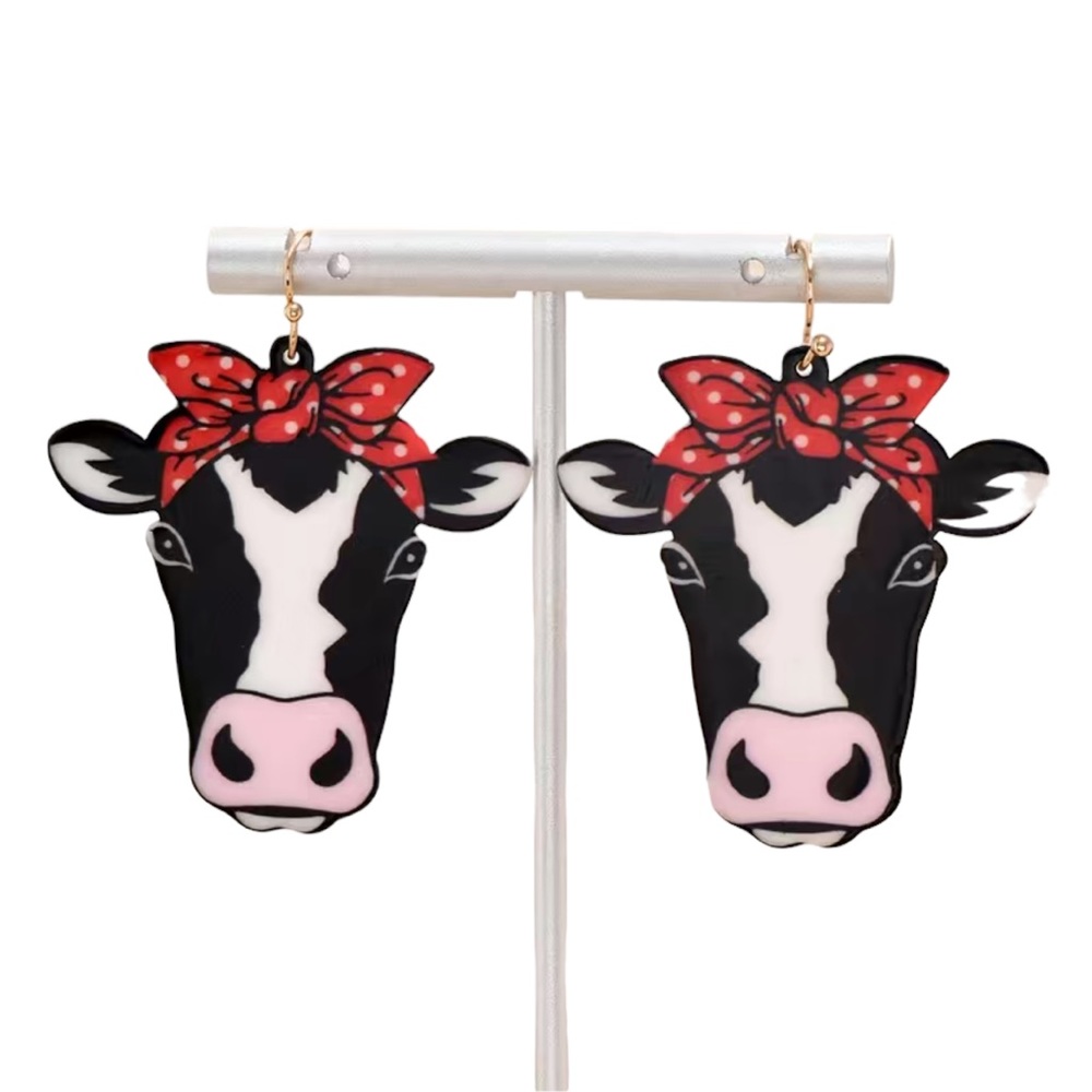 Black and White Cow Head with Ribbon Earrings